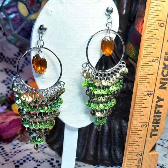 Y2K Sparkly Green Sequin & Amber Rhinestone Dangly Earrings - Picture 2 of 9